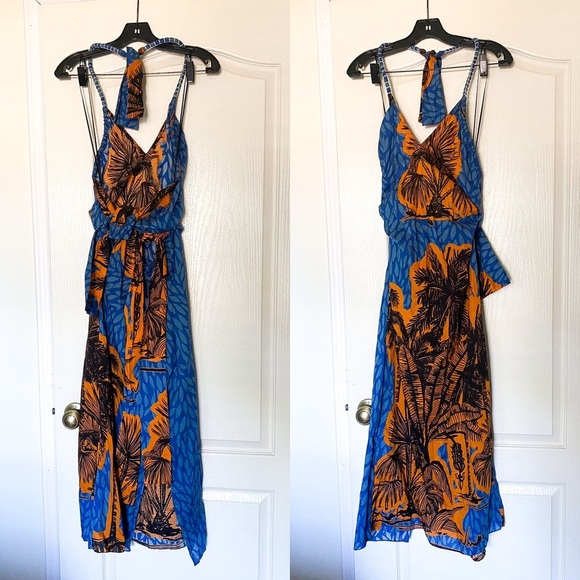 Johanna Ortiz Dress Vida Salvaje Cotton Midi Floral Indigo Festive Orange 8 EUC - Picture 2 of 10